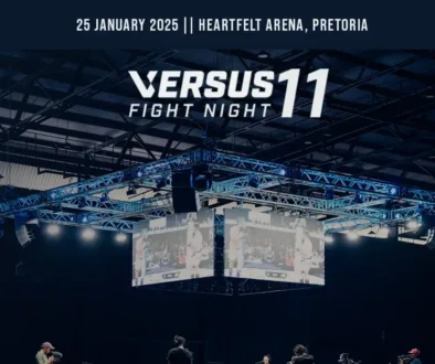 Versus Fight Night 11 poster showcasing top South African MMA fighters at a record-breaking event